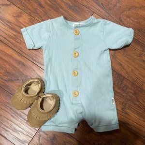 3-6 Organic baby boy romper and moccasins